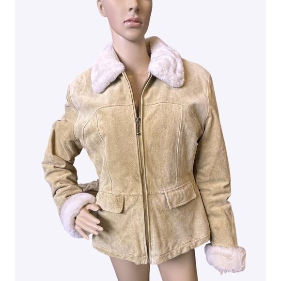 Wilson Maxima Womens Suede Faux Shearling Collar & Cuff Zip-Up Jacket Size Large - Picture 1 of 11